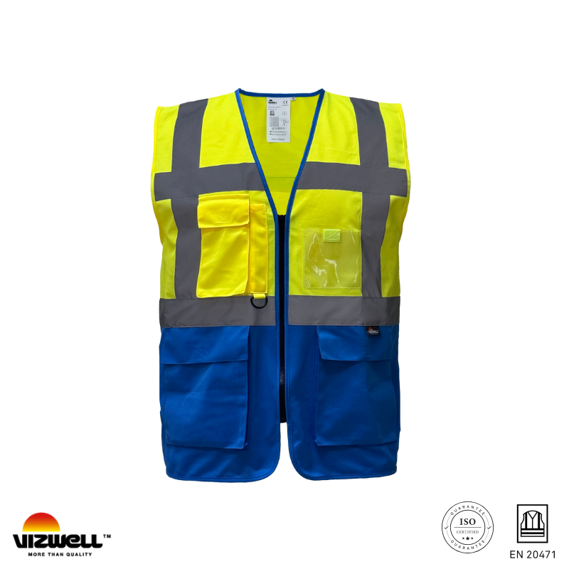 Vizwell VWRW01 Çok Cepli Çift Renkli Mühendis Yeleği - Sarı/Lacivert