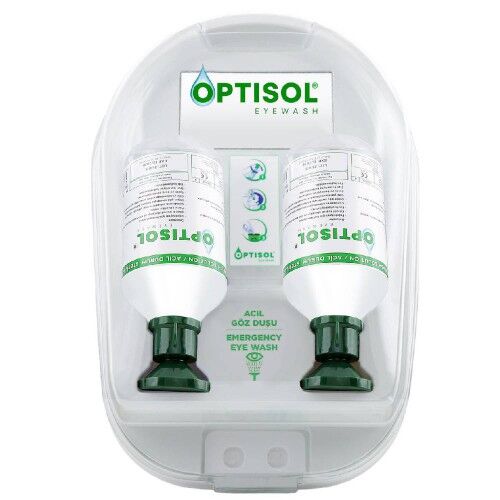 OPTİSOL Göz Yıkama Duşu Duvar Panosu 2x500ml %0.9 NaCl | Acil Göz Duşu