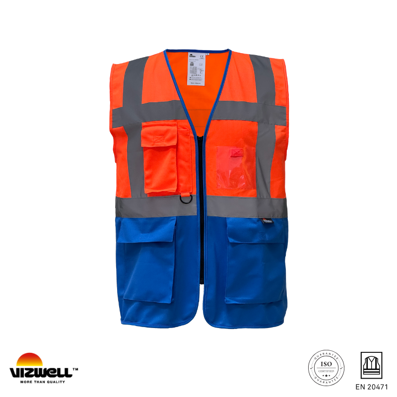 Vizwell VWRW01 Çok Cepli Çift Renkli Mühendis Yeleği - Turuncu/Lacivert