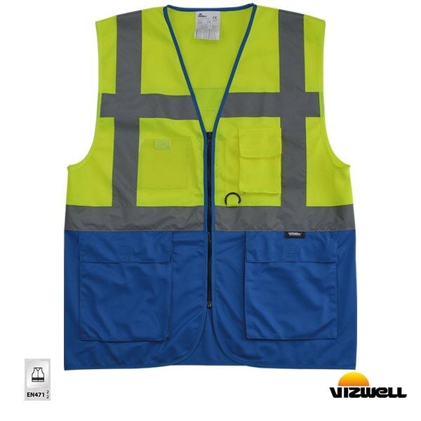 Vizwell VWRW01 Çok Cepli Çift Renkli Mühendis Yeleği - Sarı/Lacivert Standart Beden